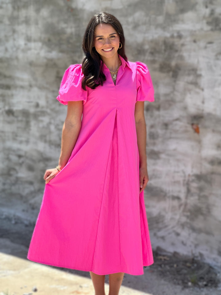 Collar V-neck Pleated Puff Sleeve Midi Dress in Hot Pink