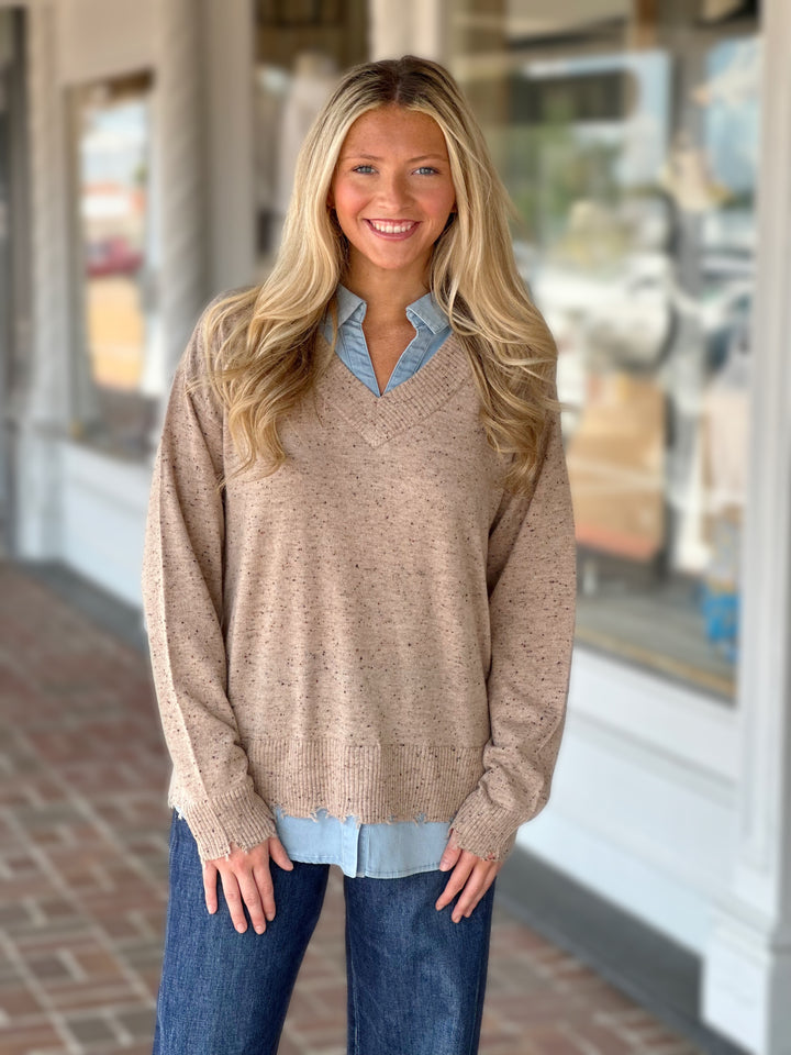 Charlie B V-Neck Fooler Yarn Sweater in Oat