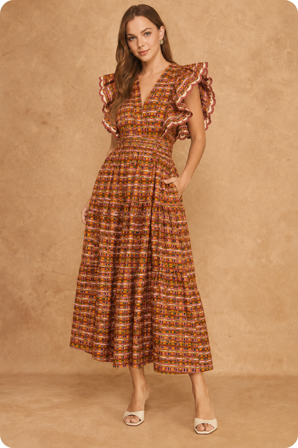 Flutter Printed Midi Dress in Terracotta