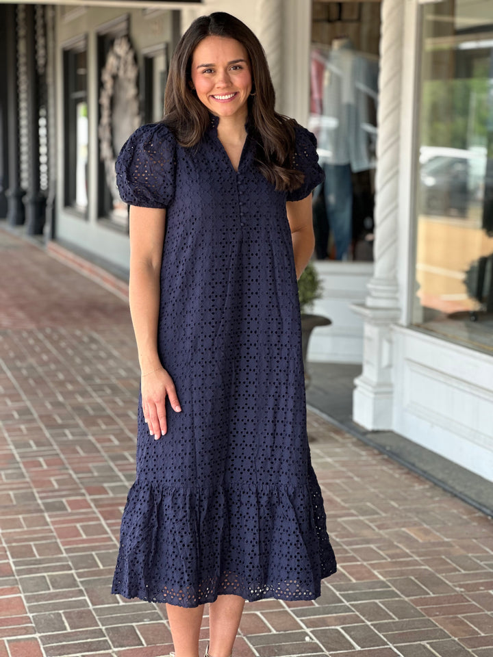 Navy Eyelet Short Puff Sleeve Midi Dress