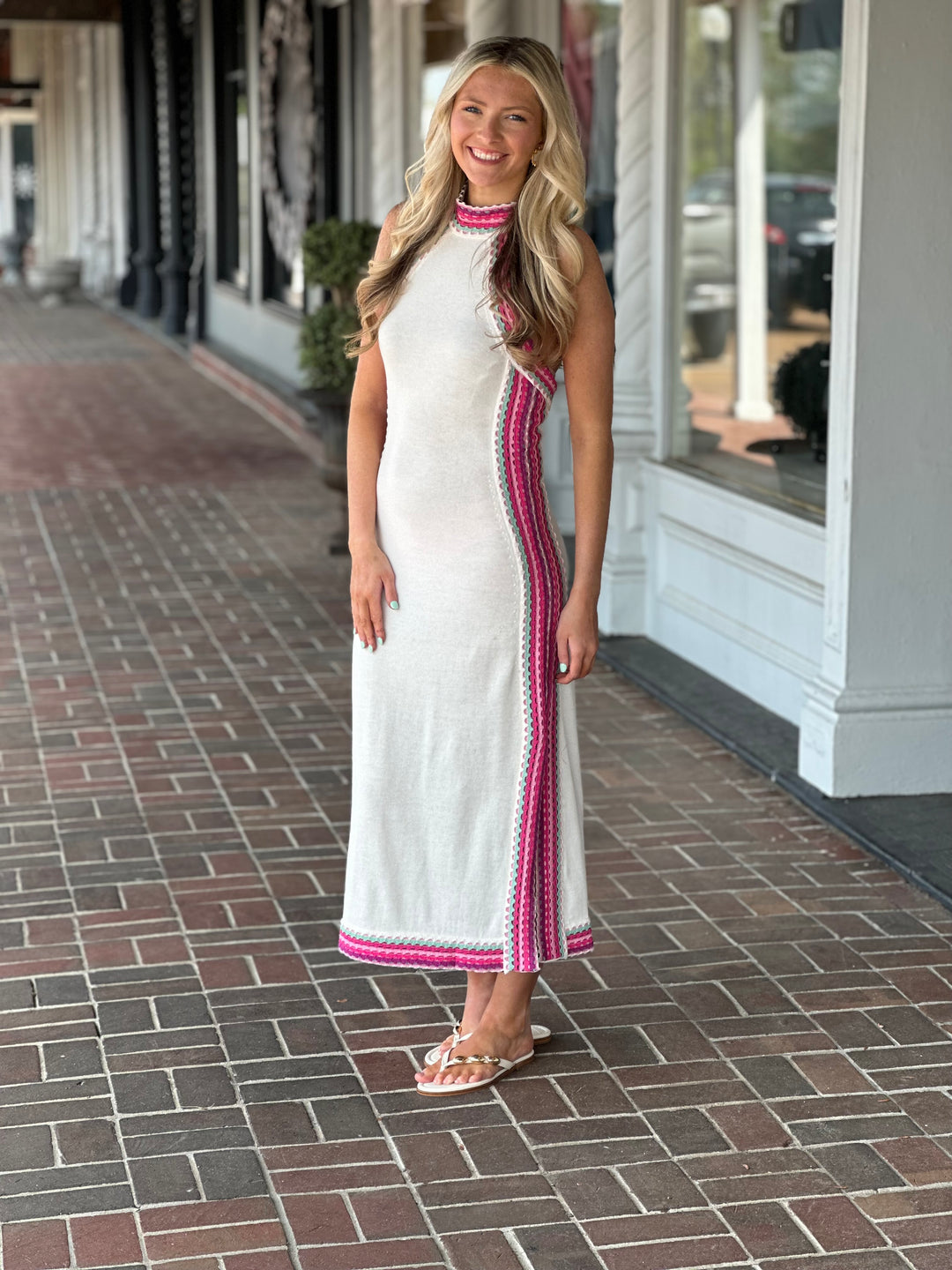 Sleeveless Halter Neck Sweater Midi Dress in Off White
