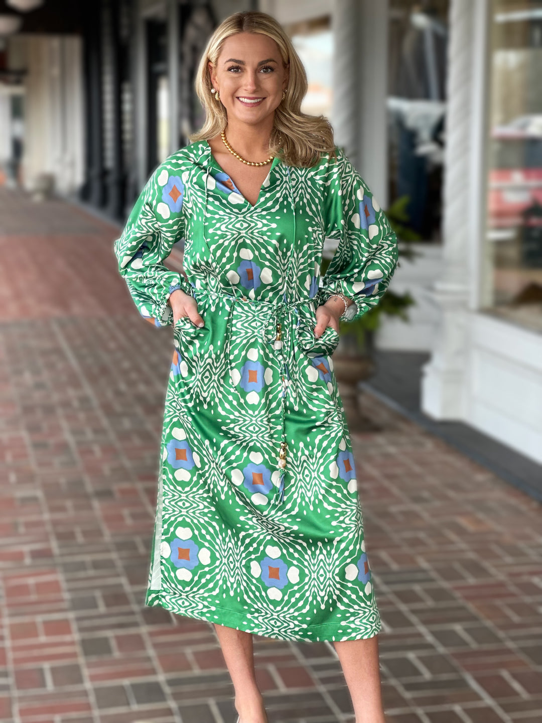 Jardin Geo Printed Midi Dress in Green Sugar & Spice Jardin Geo Printed Midi Dress in Green Sugar & Spice
