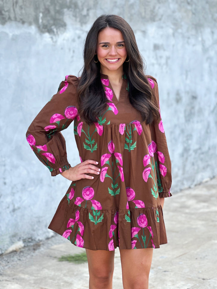 Brown Mix Floral Printed Dress