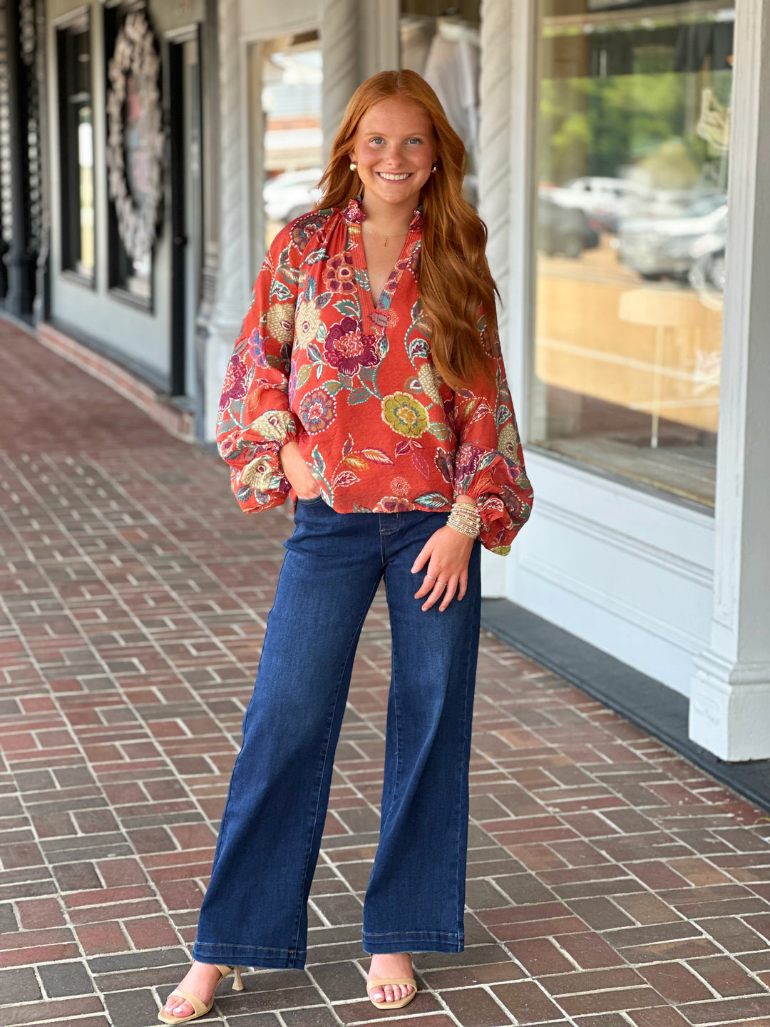 Long Sleeve Orange Floral Print Top