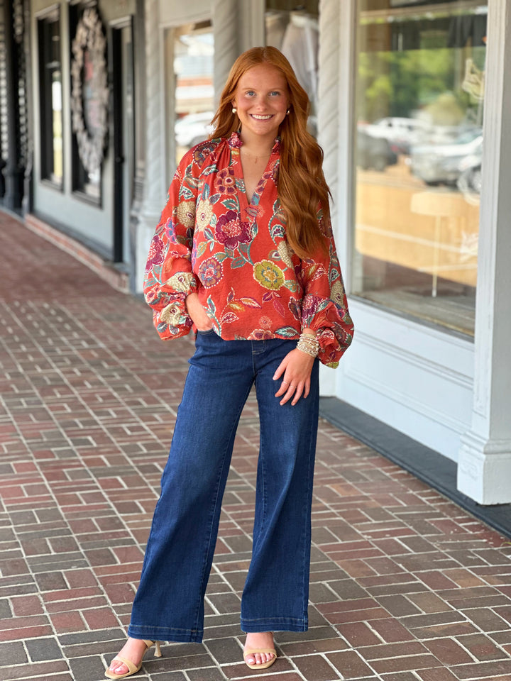 Long Sleeve Orange Floral Print Top