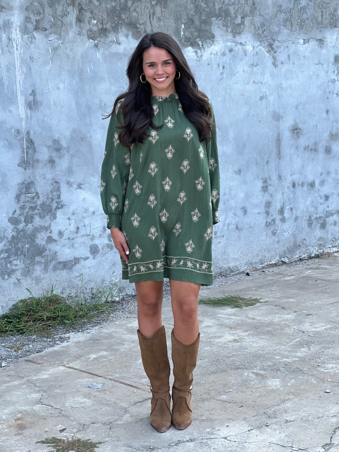 Embroidered Long Sleeve Mini Dress in Pine Green
