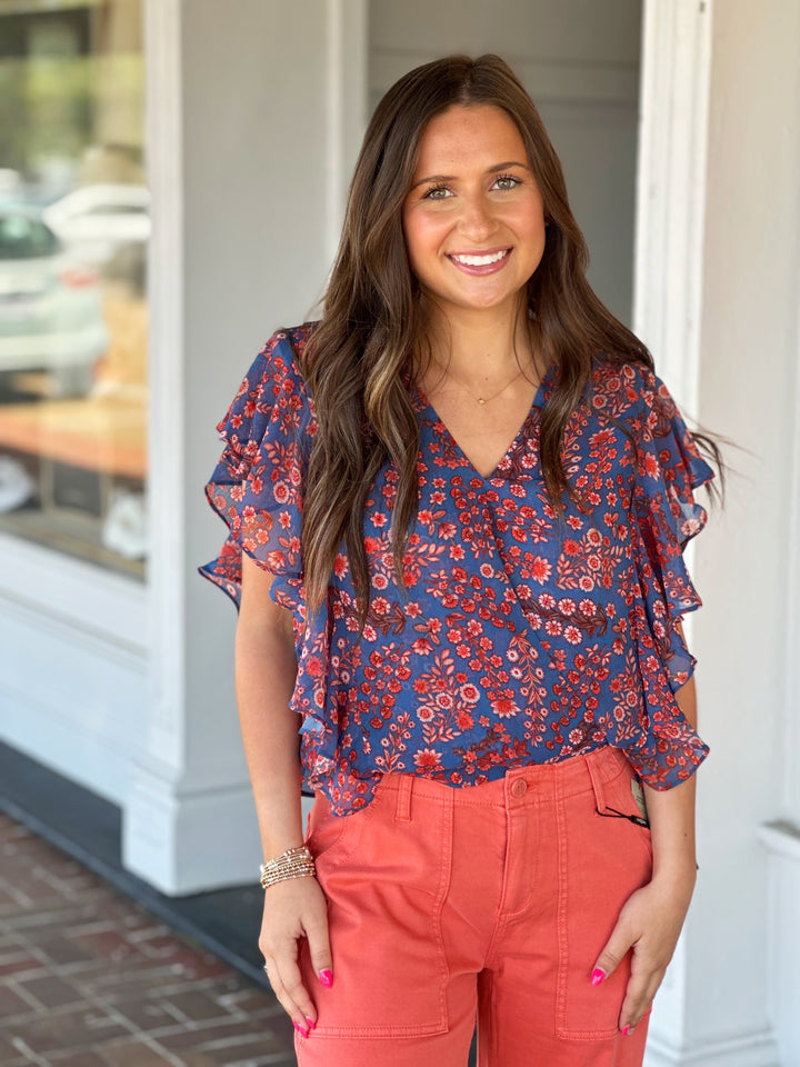 Liverpool Los Angeles Draped Front Top With Waist Tie in Blue Pink Floral