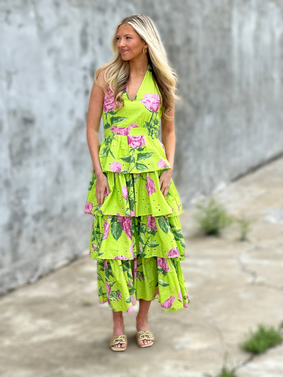 Floral Print Sleeveless Halter Neck Midi Dress in Chartreuse