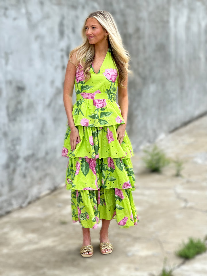 Floral Print Sleeveless Halter Neck Midi Dress in Chartreuse