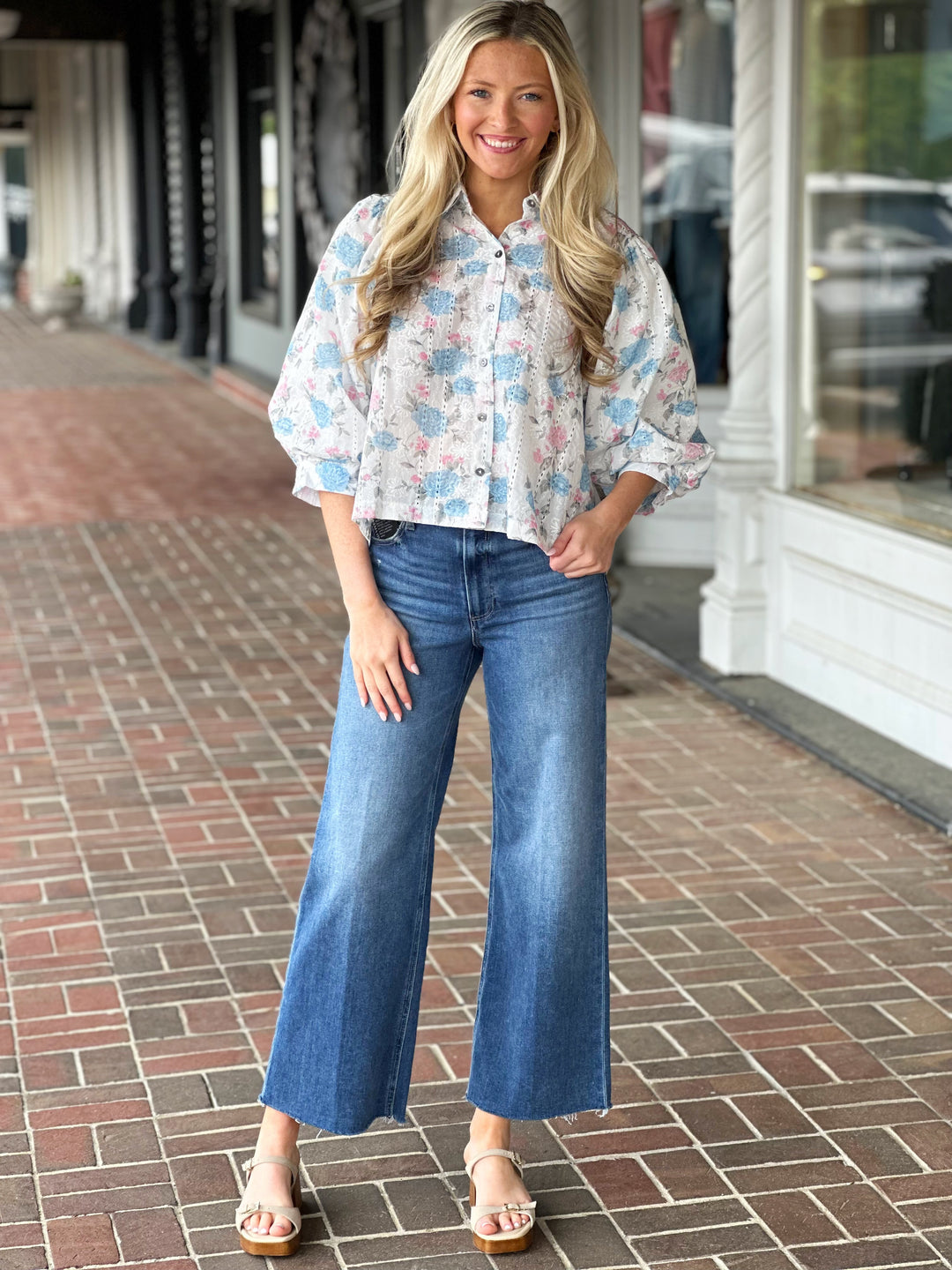 Pink Blue Lace Detail Top in White