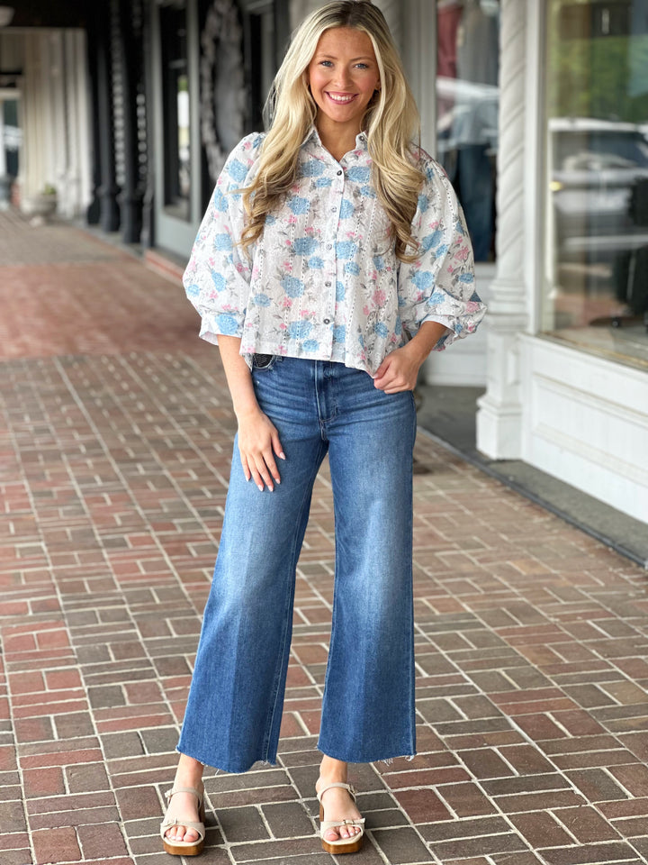 Pink Blue Lace Detail Top in White