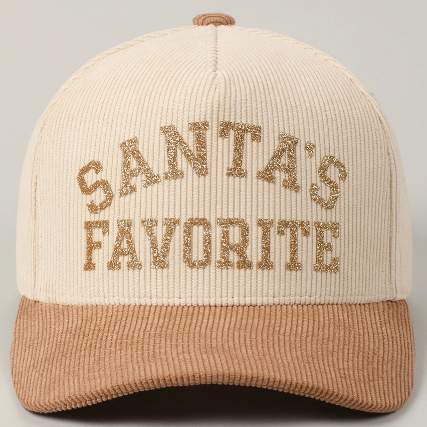 Santa's Favorite Glitter Text 5 Panel Corduroy Cap in Beige