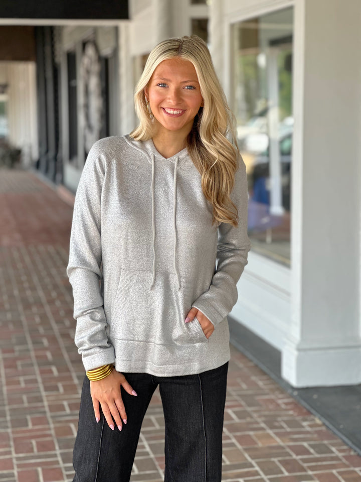 Charlie B Raglan Sleeve Hooded Sweater in Sliver