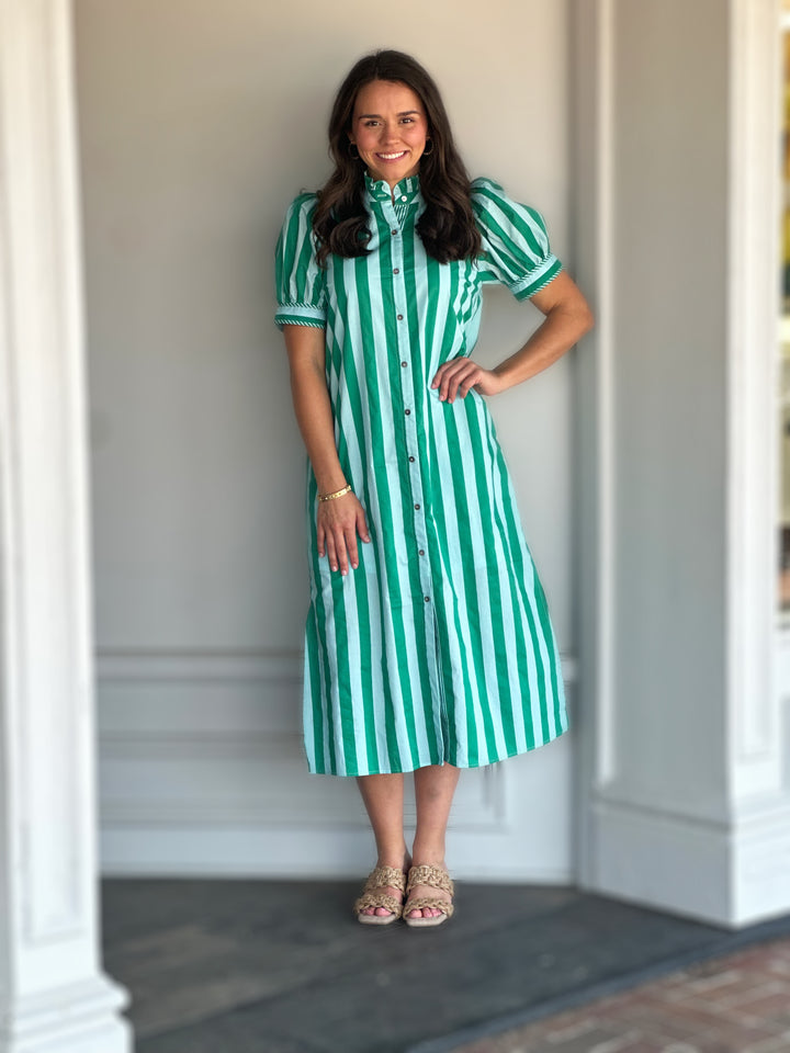 Green Stripe Print Short Puff Sleeve Midi Dress