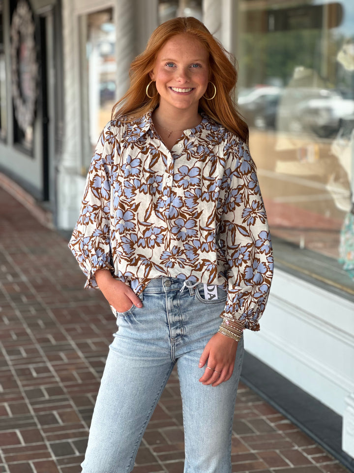 3/4 Sleeve Blue Floral Top