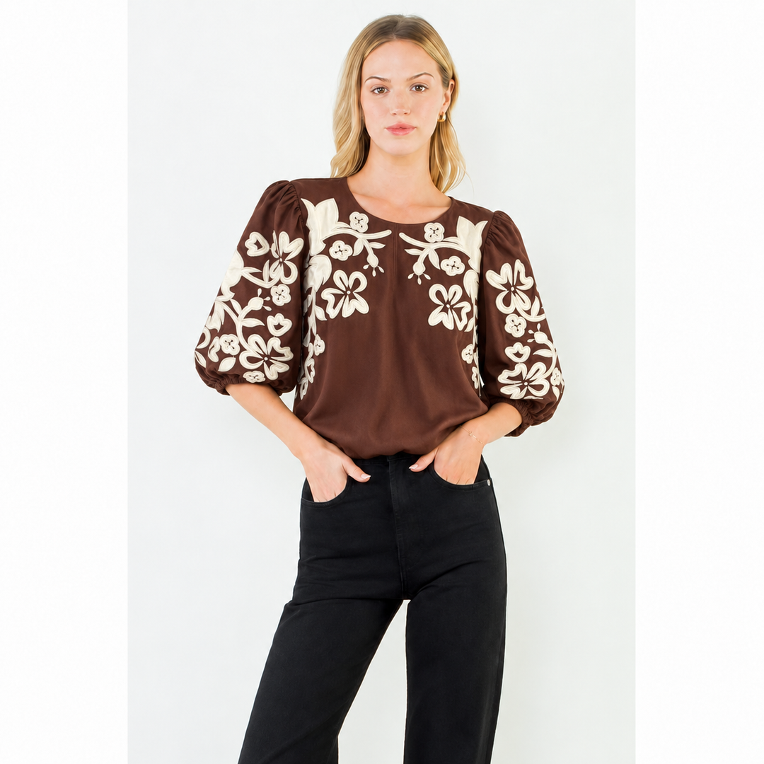 Just Trust Me Embroidered Top in Brown
