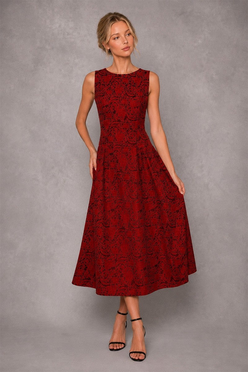 Boat Neck Jacquard Midi Dress in Burgundy Red