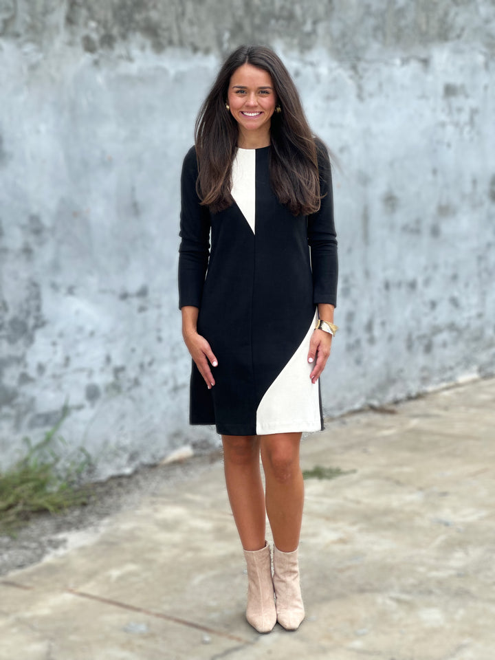 Perre Scoop Neck Stone Color-block Black Long Sleeve Dress