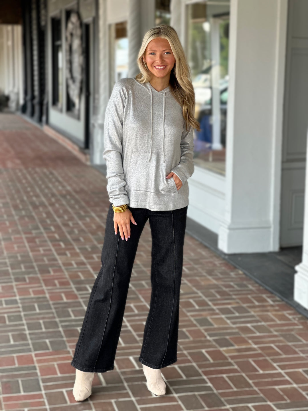 Charlie B Raglan Sleeve Hooded Sweater in Sliver