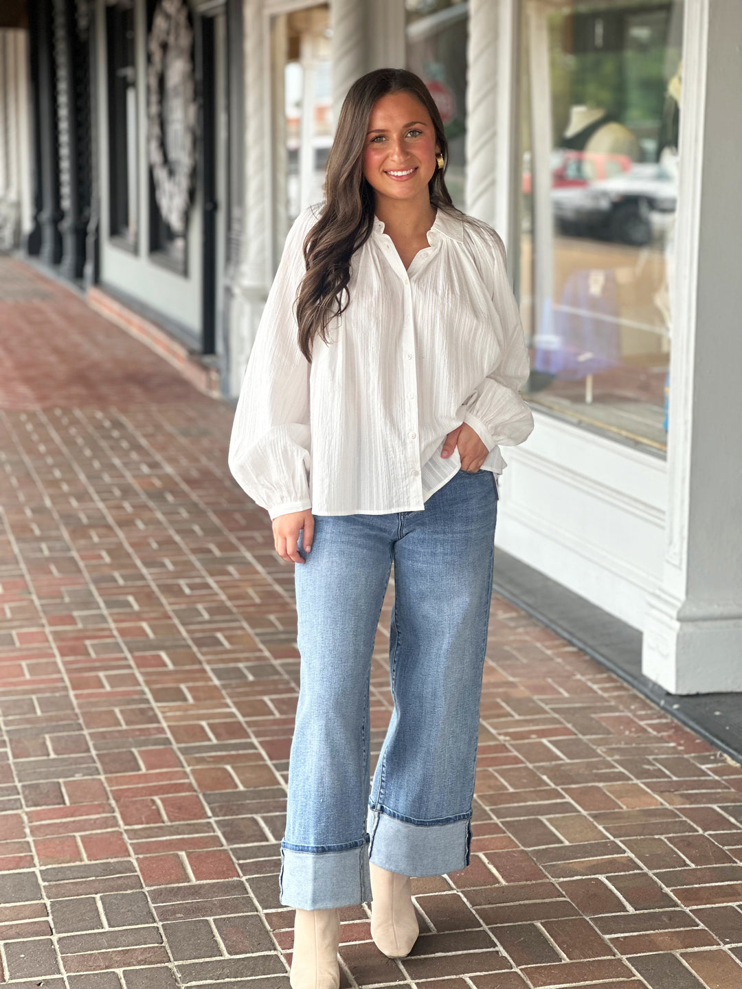 Textured Button Down Collared Top in Off White