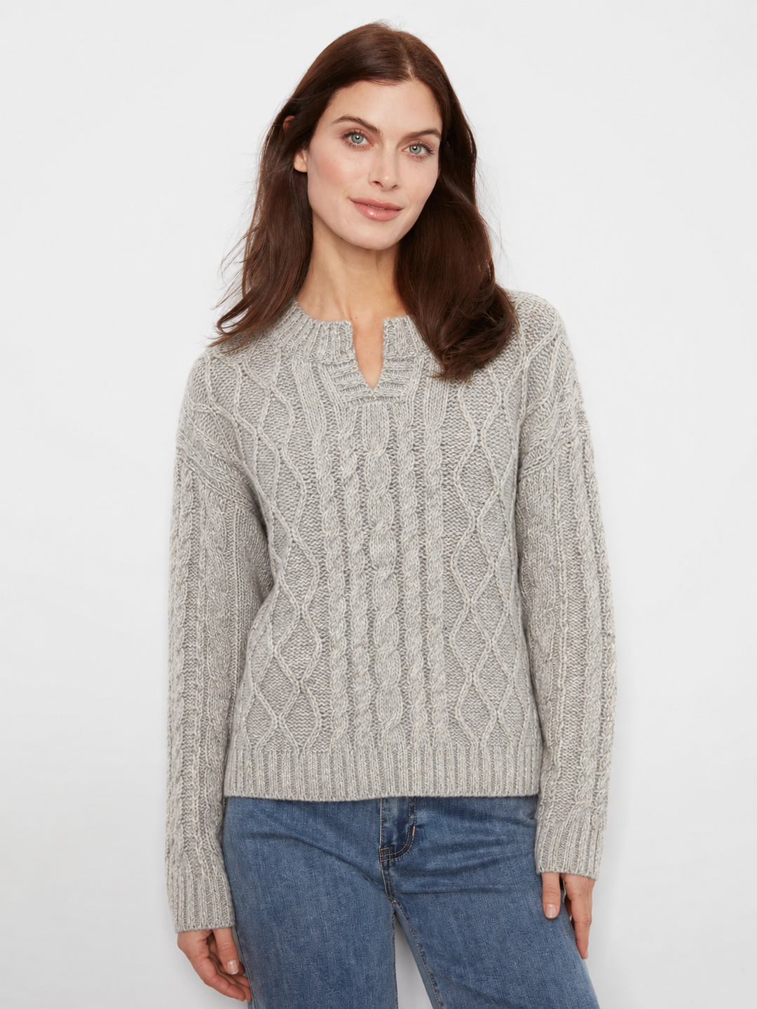 Charlie B Long Sleeve Notch Neck Heather Yarn Sweater in Grey