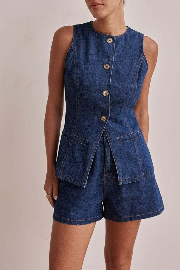 Solid Sleeveless Denim Set