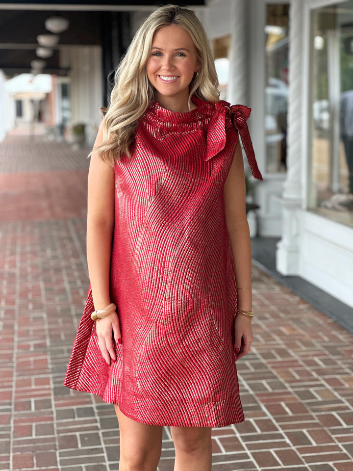 Ruffle Tie Neck Textured Jacquard Mini Dress in Burgundy