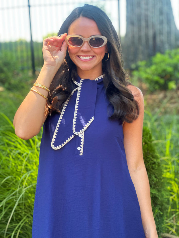 Scalloped Accent Trim Button Front Navy Dress