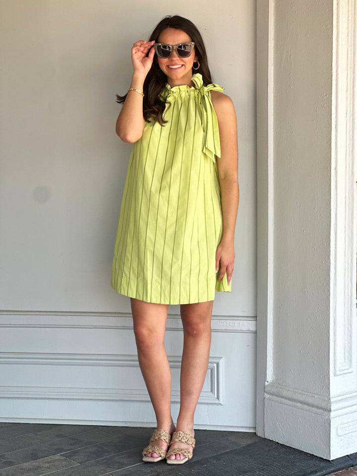 Ruffle Neck Tie Sleeveless Mini Dress in Lime
