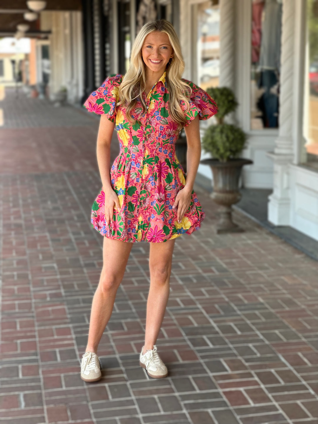 Gina Floral Puff Sleeve Mini Dress in Pink