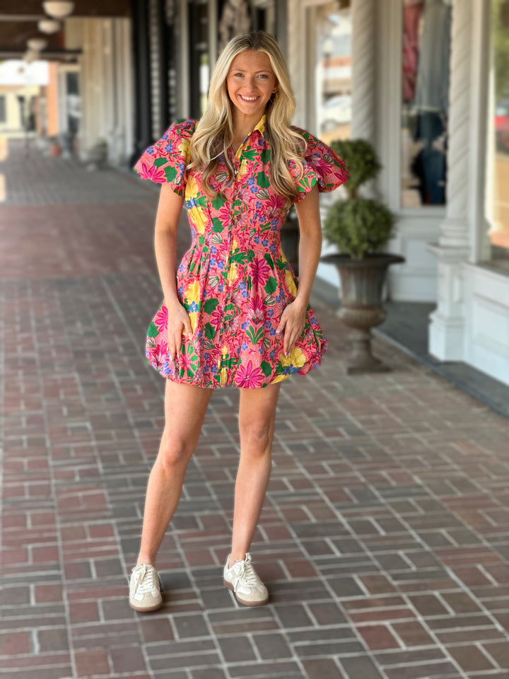 Gina Floral Puff Sleeve Mini Dress in Pink