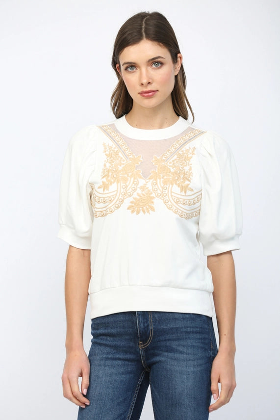 Emb with Sheer Mesh Chest Detail Cropped Top