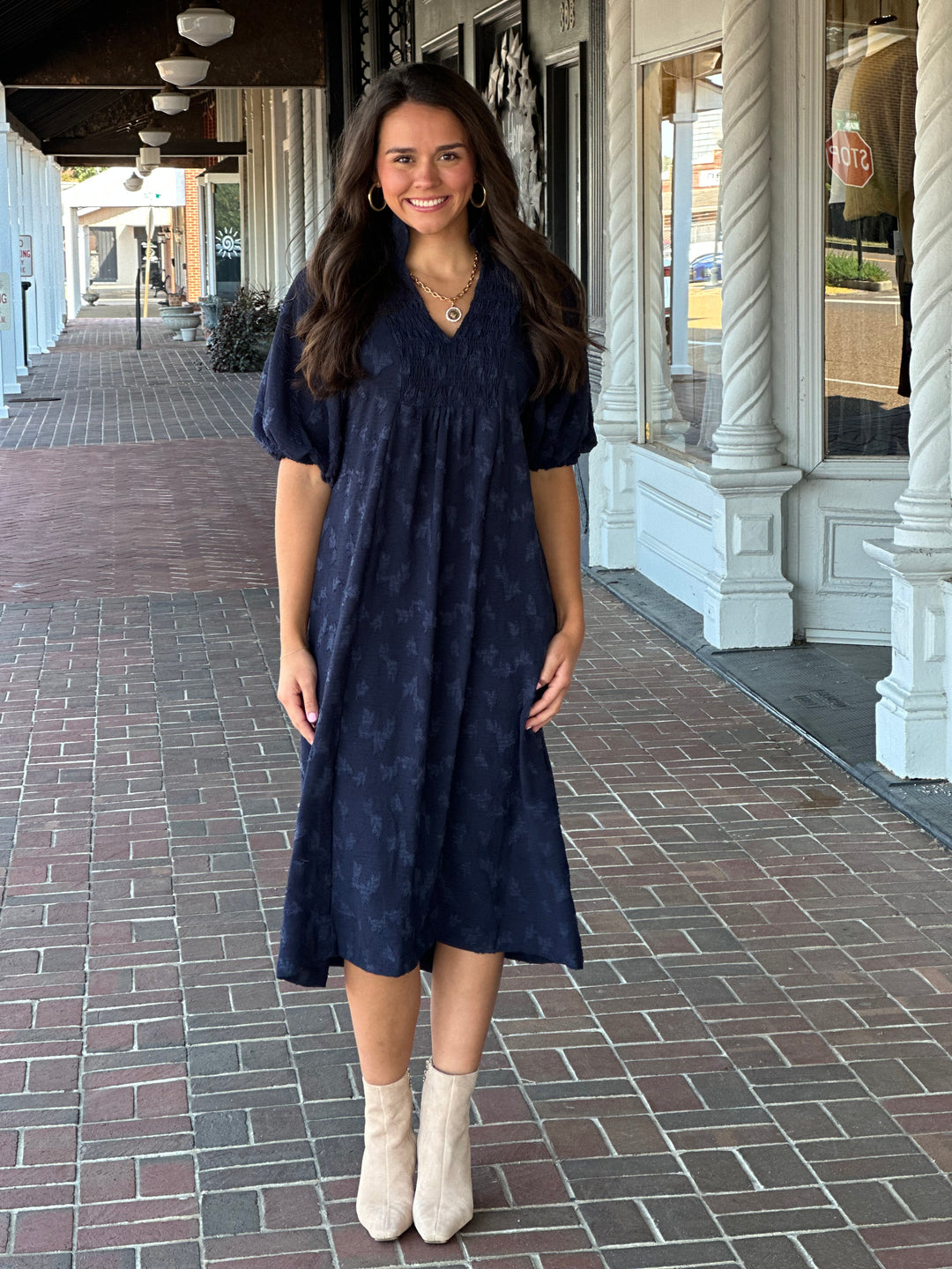 Jacquard Smocked Midi Dress in Navy