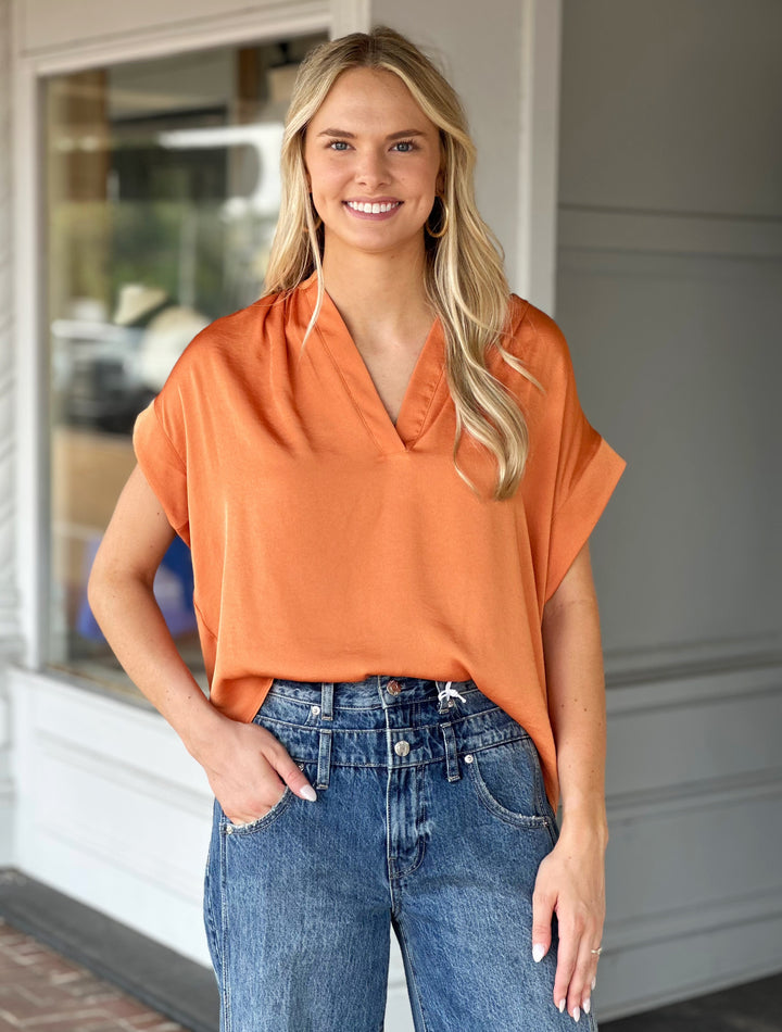 Washed Satin Pullover Top in Rust