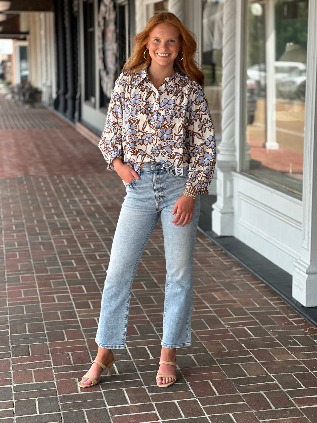 3/4 Sleeve Blue Floral Top