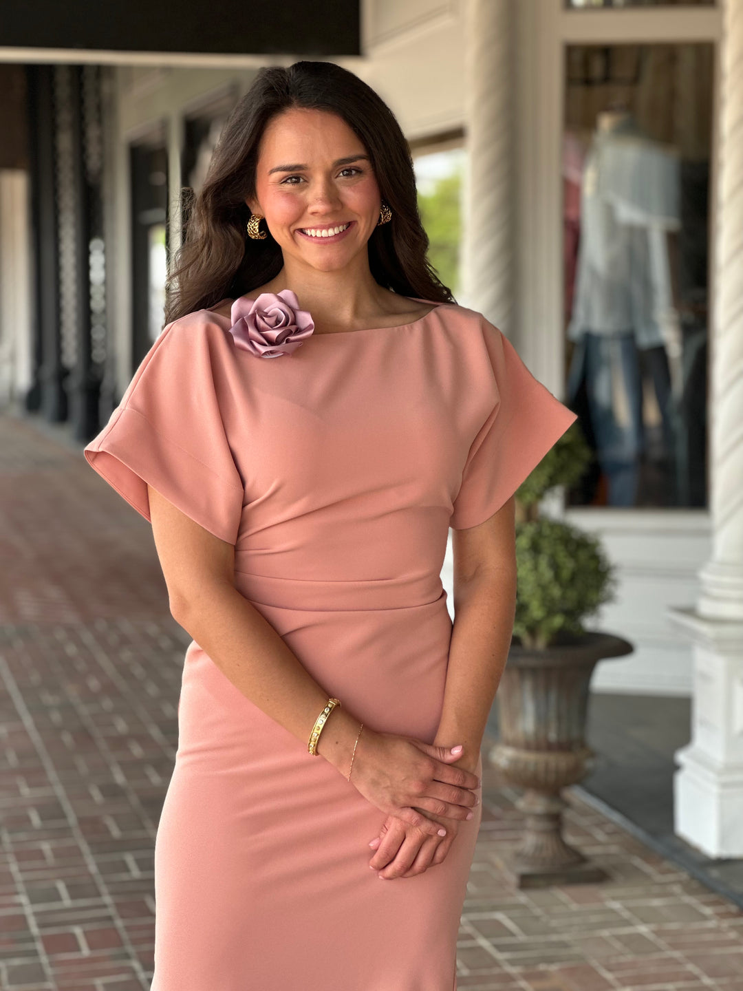 Jessie Liu Dolman Sleeve Tucked Dress in Coral Pink