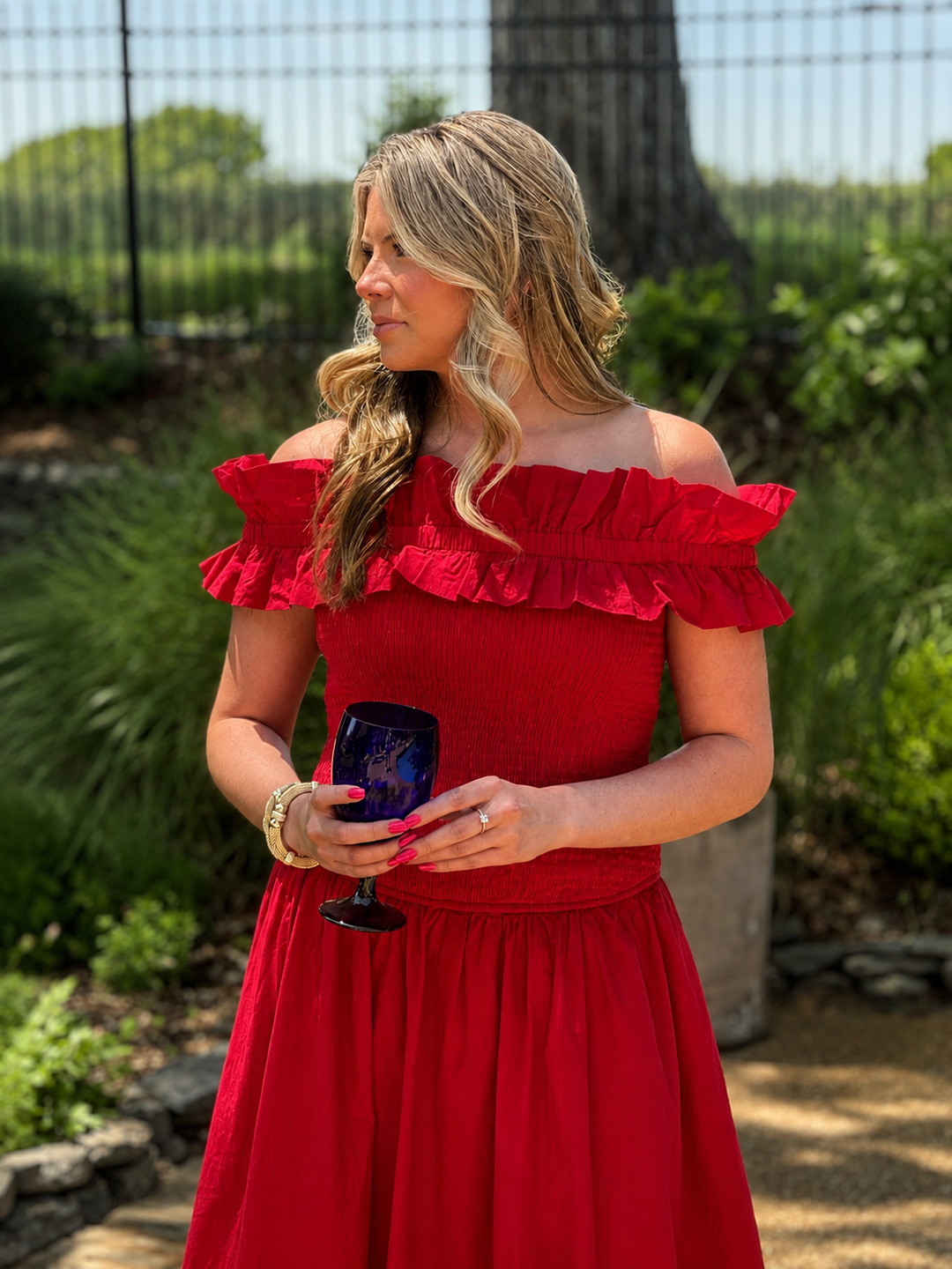 Smocked Bodice Off Shoulder Midi Dress in Red