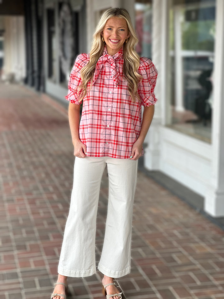 Plaid Print Tie Neck Top in Pink
