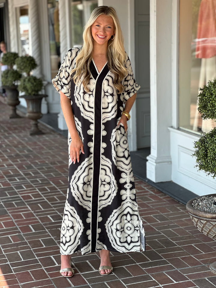 Where It Lands Black Printed Maxi Dress