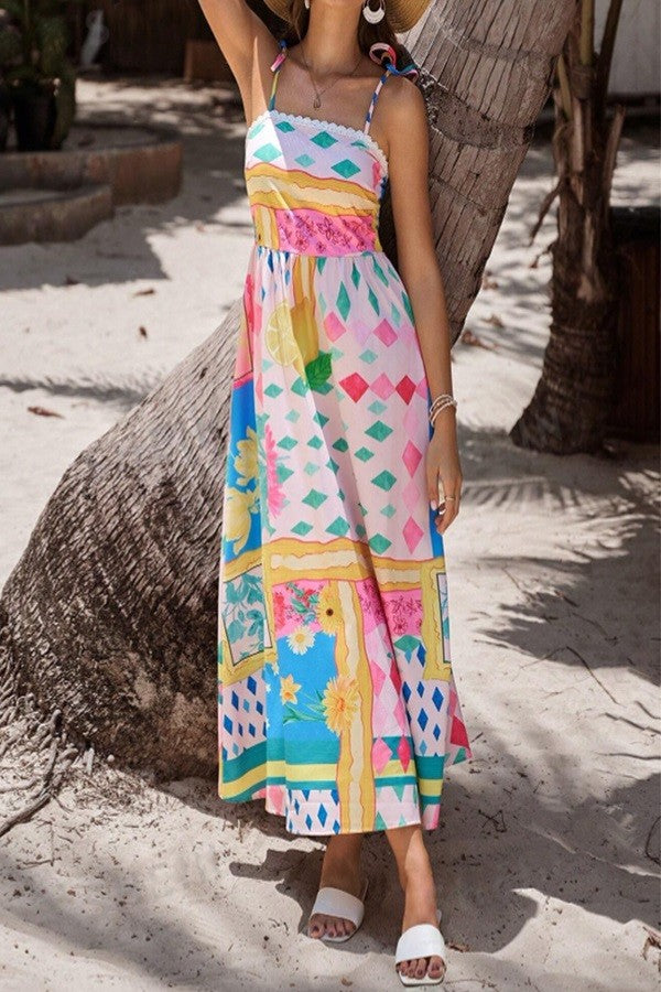 Waves Of Paradise Printed Pink Maxi Dress