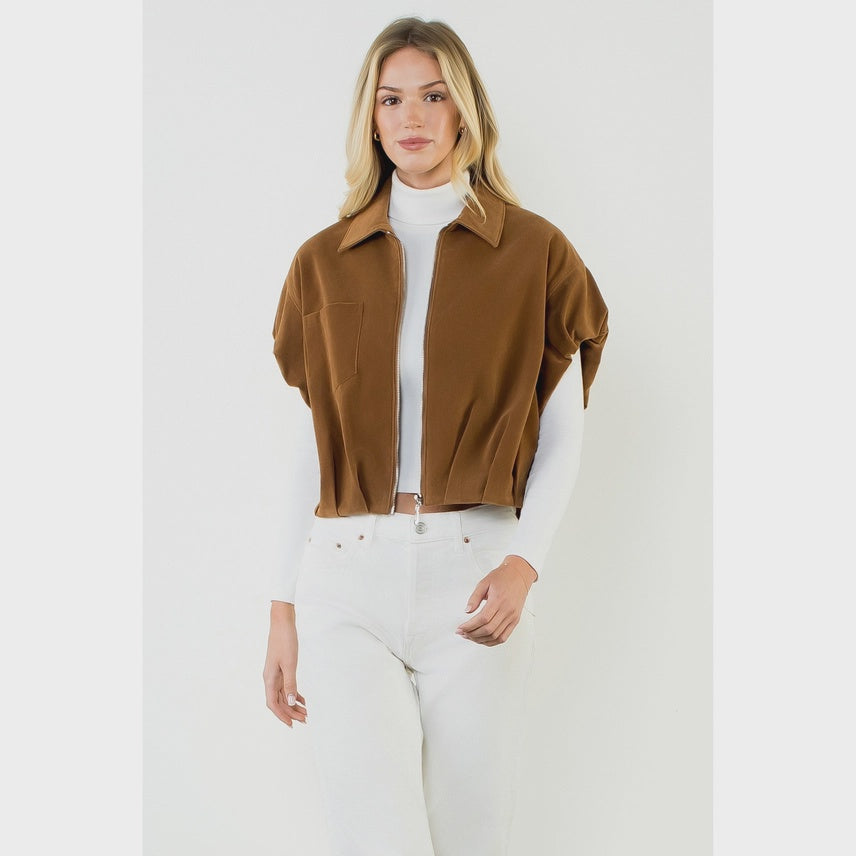 Sleeveless Suede Zip Jacket in Camel