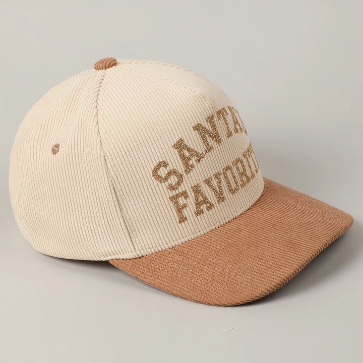 Santa's Favorite Glitter Text 5 Panel Corduroy Cap in Beige