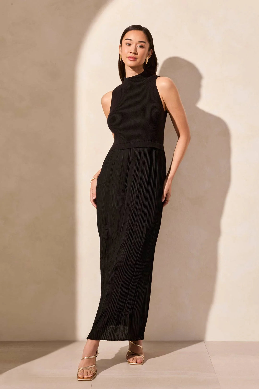 Tribal Femme Sleeveless Twofer Maxi Dress in Black