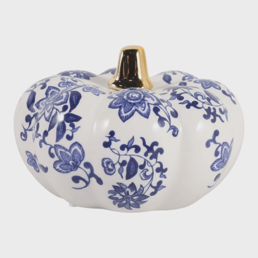 Decorative Object - Blue Stoneware Chinoiserie Pumpkin, 4 in