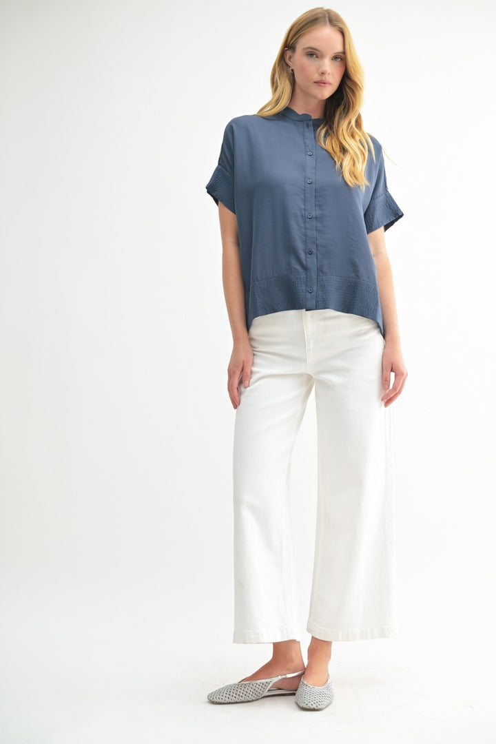 Stitch Detail Button Down Top in Deep Blue