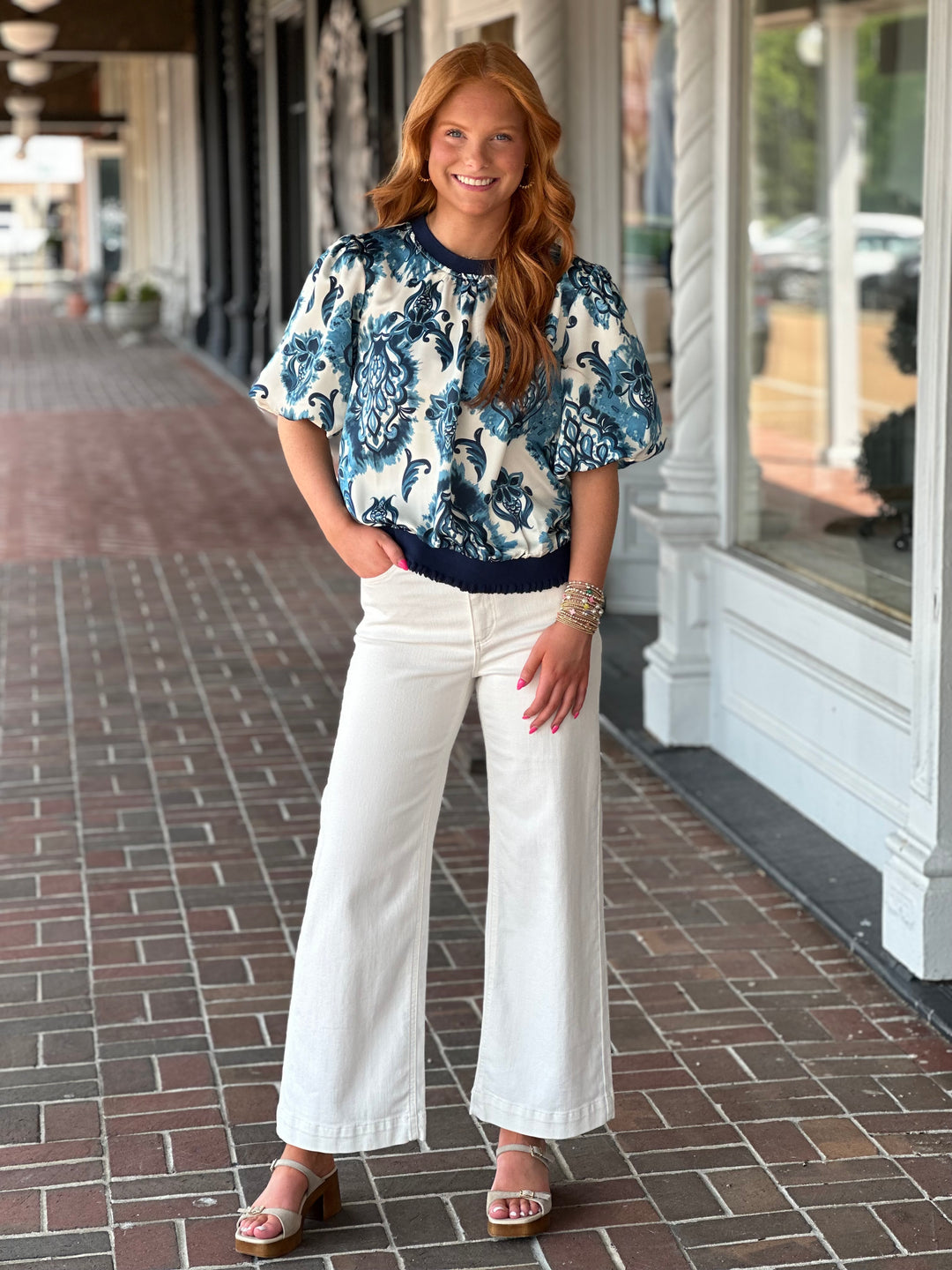 Blue Contrast Band Detailed Floral Embroidery Top