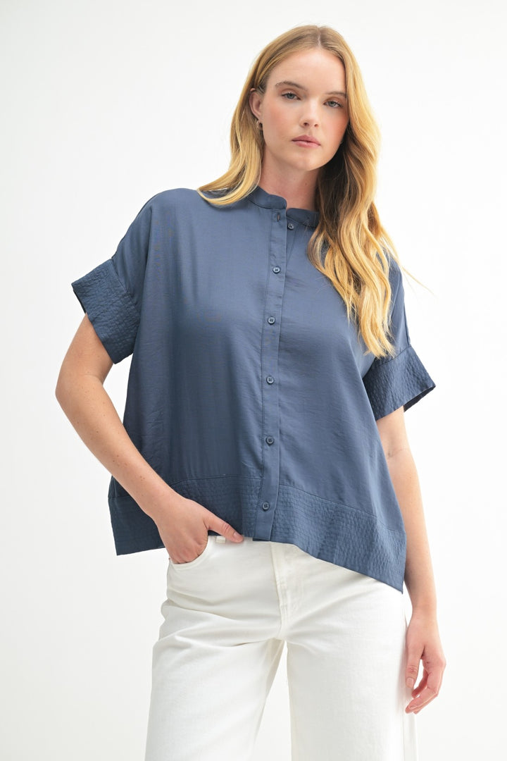Stitch Detail Button Down Top in Deep Blue
