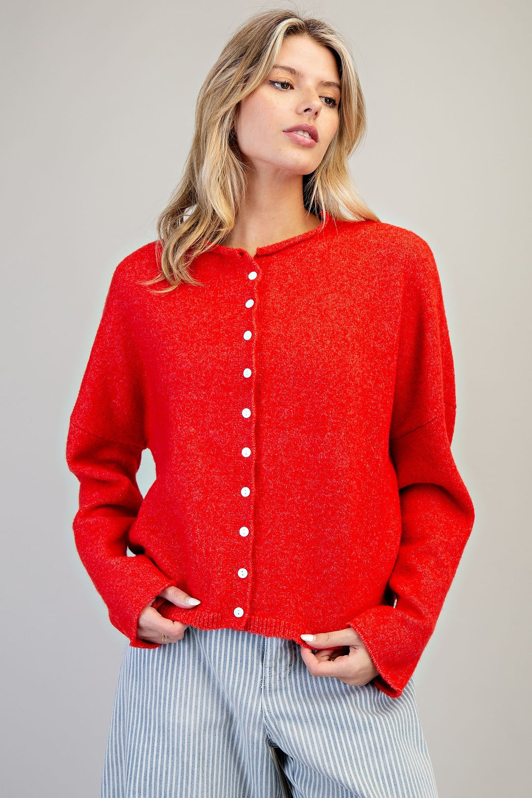 Solid Button Down Long Sleeve Cardigan in Cherry Pop