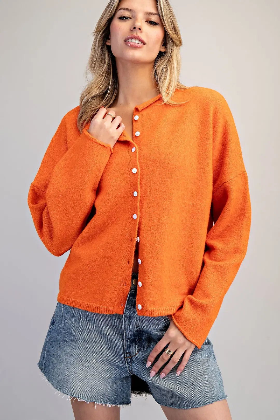 Solid Button Down Long Sleeve Cardigan in Orange