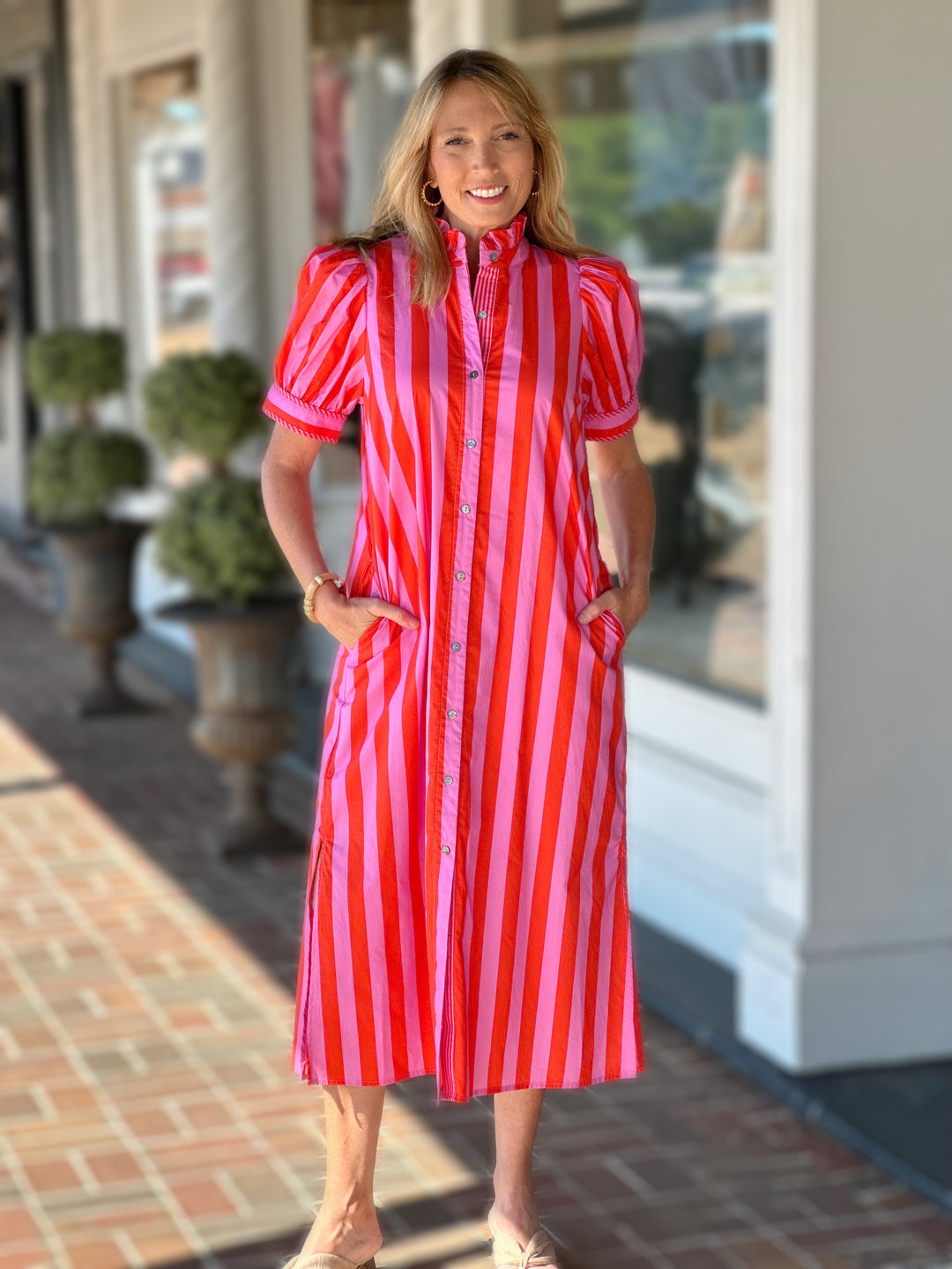 Pink Stripe Print Short Puff Sleeve Midi Dress
